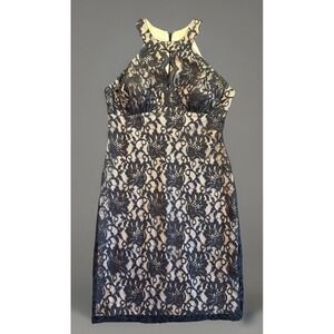 NEW R & M Richards Sz 12 Glitter Lace Halter Neck Dress Black & Nude NWT
